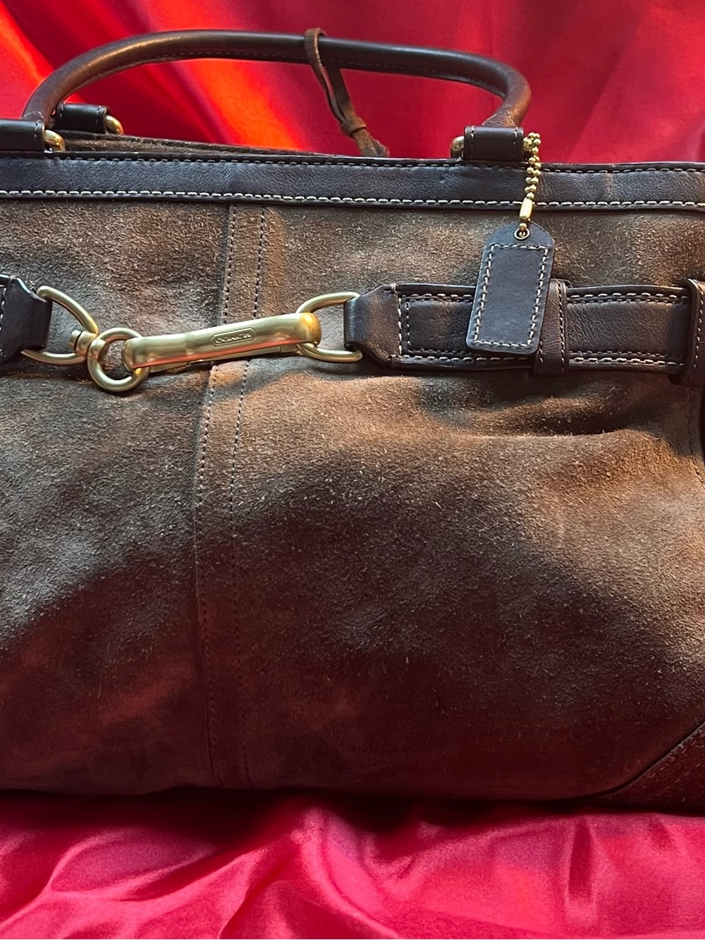 Coach Brown Suede Tote Bag with Brass Hardware